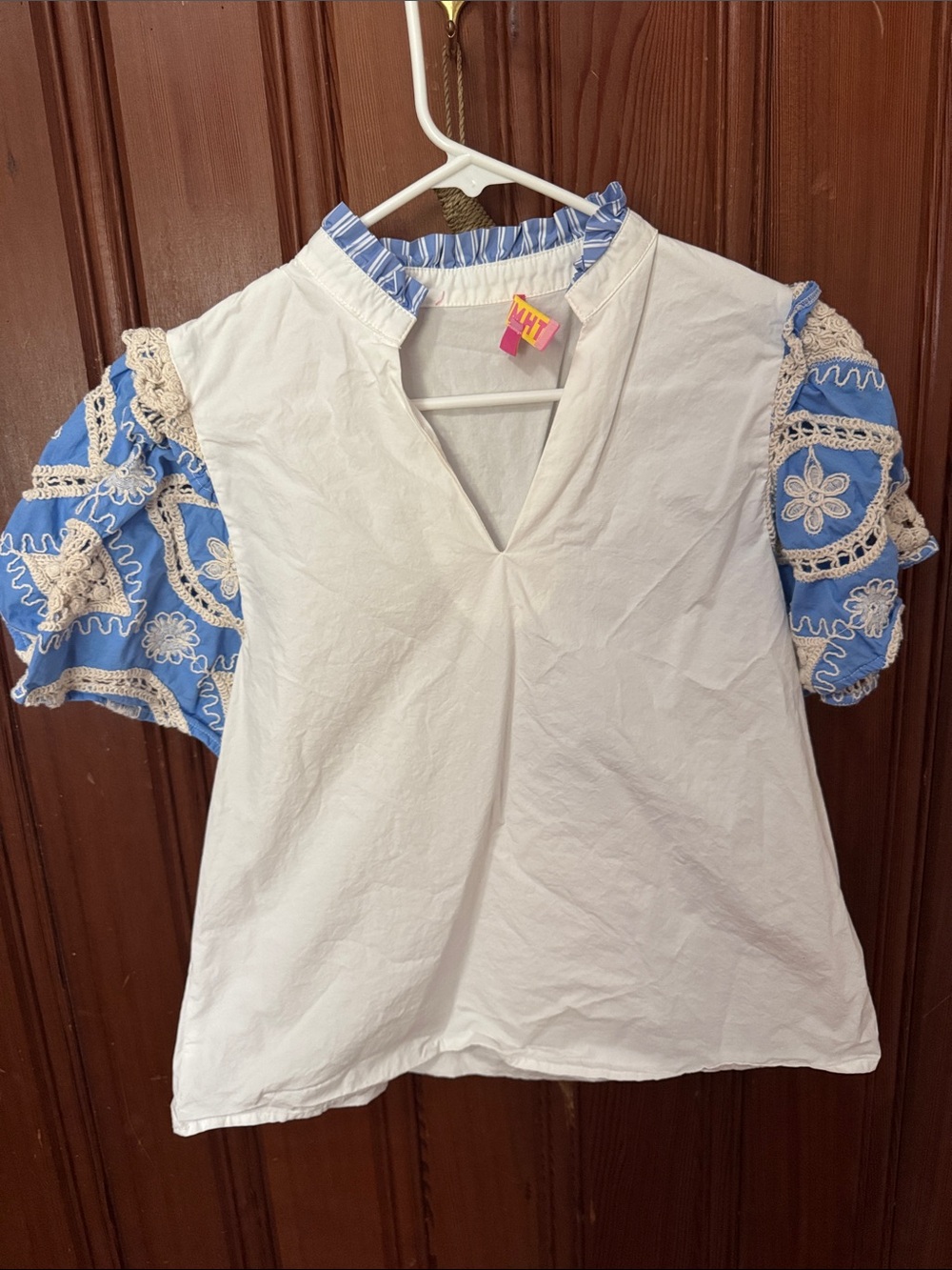 THML White Top with Blue Floral Crochet Puff Sleeves